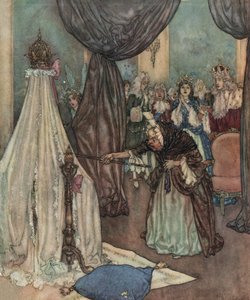 A bela adormecida: um velho feitor debruça-se sobre o berço da princesa e amaldiçoa-a, c.1910 (litografia)