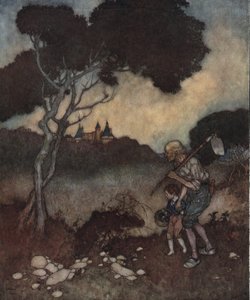 A bela adormecida: as torres do castelo da princesa aparecem por cima das árvores. de Edmund Dulac