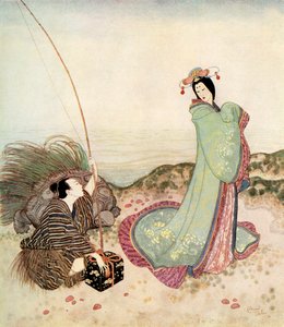 "Urashima estava tão encantado que não conseguia dizer uma palavra", ilustração do conto de fadas japonês The Story of Urashima Taro, do Fairy-Book de Edmund Dulac: Contos de Fadas das Nações Aliadas, pub.1916 de Edmund Dulac