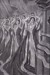 As colegas colocam os seus coroamentos na coroação da Rainha Alexandra, Consorte do Rei Eduardo VII, Abadia de Westminster, Londres de Edmund Joseph (after) Sullivan