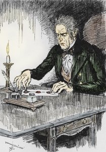 O Dr. jekyll encerra a carta onde confessa ser o Sr. Hyde o assassino, Ilustração de Edmund Joseph Sullivan (1869-1933) para o romance L