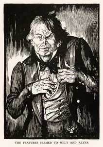 As características pareciam derreter e alterar" do "Strange Case of Dr. Jekyll and Mr Hyde" de Robert Louis Stevenson (1850-1894) ilustrado por E. J. Sullivan (1869-1933) de Edmund Joseph Sullivan