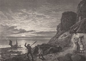 Pai e filho pescadores despedem-se da família (gravura) de Edmund Morison (after) Wimperis