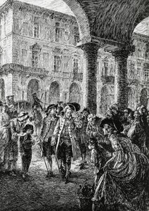 Encontro sob as arcadas de Turim, ilustração para A tempestade, Satet, Turim de Edoardo Calandra