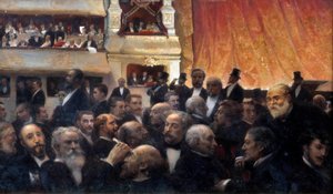 Intermission, uma estreia no Comedie francês Entre os espectadores: na banheira, Henri Rochefort e Leon Gambetta, no camarim da cena de vanguarda no topo, Jules Ferry, d