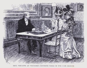 Paris boémia: Paul Verlaine na mesa preferida de Voltaire no Café Procope (litografia)