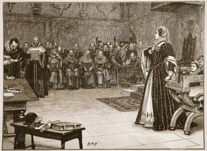 Julgamento de Maria Rainha dos Escoceses no Castelo Fotheringhay, ilustração de &39;História Ilustrada de Cassell da Inglaterra&39; (foto sépia) de Edouard Berveiller