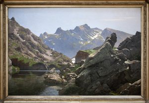 O merlat do lago, pintura a óleo de Edouard Brun (1860-1935) feita em 1901, o lago está localizado na cadeia de Belledonne, no Isere. Photophraphie, KIM Youngtae, Grenoble, Musee de Grenoble. de Edouard Brun