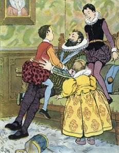 Rei de França Henri IV brincando com os seus filhos (1553-1610) Ilustração de Edouard Zier em "Nos-Gloriers-Nationales", privee da colecção de 1920 de Edouard Francois Zier