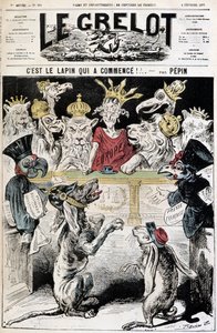 O coelho começou! - Desenho animado sobre o conflito franco-alemão, um cão com capacete prussiano denuncia um coelho com um boné do exército francês, perante uma corte que preside a Europa e contém aves e coroas predadoras - Ilustração de Edouard Pepin (C