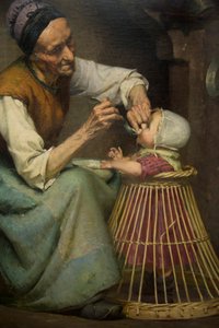 Uma mulher idosa alimenta a sua neta, segurada num carrinho de vime, de Edouard Jerome Paupion de Edouard Jerome Paupion