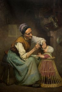 Uma mulher idosa alimenta a sua neta, segurada num carrinho de vime, de Edouard Jerome Paupion de Edouard Jerome Paupion