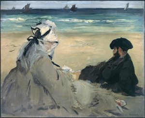 Na praia. Retrato de Madame Edouard Manet (1830-1906) e Eugene Manet (1833-1892), a esposa de artistas e irmão em Berck-sur-Mer (Berck sur mer). Pintura de Edouard Manet (1832-1883), 1873. Óleo de Édouard Manet