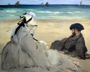 Na praia Representação de Suzanne Manet, esposa do artista e de seu irmão Eugene na praia Berck sur mer (Berck-sur-Mer). Pintura de Edouard Manet (1832-1883) Ete 1873 Sun. 0,59x0,73 m Paris musee d