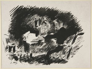 Sob a lâmpada, primeira ilustração da tradução de Mallarmé de «O Corvo» de Poe de Édouard Manet