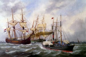 Dois reboques de três esteiras por Le Neptune au Havre em 1882 Pintura por Edouard Adam (1847-1929) 1882 Paris, Musee de la Marine