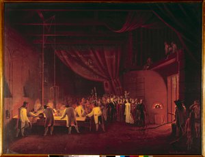 Marie Caroline de Bourbon Sicilia, Duquesa de Berry (1798-1870), visitou as fábricas de Saint Gobain em 1822 Os trabalhadores fizeram um fundição de vidro à mesa. Pintura de Edouard Pingret (1788-1875) 1824 Coleção particular