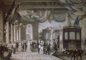 Rainha Victoria (1819-1901) e Príncipe Albert (1819-1861) Chegando na Estação Gosport, Hampshire, gravada por Bayot & Cuvilier, 1846