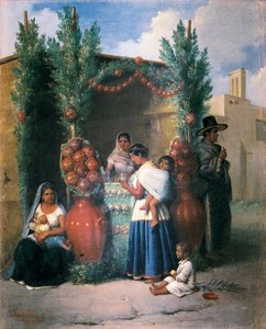 Cena perto de um bar em uma rua no México: uma mulher está amamentando seu filho, outra bebe e carrega seu filho nas costas, uma criança está brincando no chão. Pintura de Edouard Pingret (1788-1875), meados do século XIX. Cidade do México. Banco Nacional