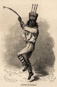 Dançarino em Sarayacu (Peru), desenho de Riou, para ilustrar a viagem de Paul Marcoy do Oceano Pacífico ao Oceano Atlântico de 1848 a 1860. Gravura em "Le tour du monde", editado por Edouard Charton de Edouard Riou