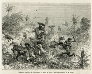Um bando de crianças caçadas por borboletas, acompanhadas pelo autor, um Villavicensio (Colômbia), desenho de Riou, para ilustrar a história da América Equinoxial (Colômbia, Equador, Peru), em 1875-1876, por Ed. andre, viajante encarregado da missão pela F de Edouard Riou