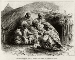 Um comerciante fascina um cliente, sentado no chão, sobre um pequeno tapete, ele faz o artigo segurando uma balança. Gravado por Riou, para ilustrar a história "From Niger to the Gulf of Guinee", do capitão Louis Gustave Binger (1856-1936), em 1887-1889, i de Edouard Riou