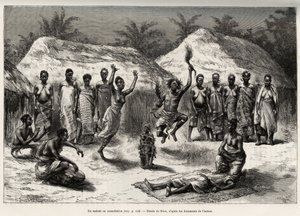 Um paciente em consulta com o agni (ou anyi, Costa do Marfim), o médico feiticeiro realiza uma dança, depois de colocar um fetiche na frente do paciente mente. Gravura de Riou, para ilustrar a história "From Niger to the Gulf of Guinee", do Capitão Louis G de Edouard Riou
