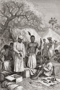 Abdullah Souzi, Jacob Wainright e James Chouma, os três servos do Dr. David Livingstone, fazendo um balanço de seus pertences após sua morte em 1873, ilustração de "O Mundo nas Mãos", gravada por Charles Barbant de Edouard Riou