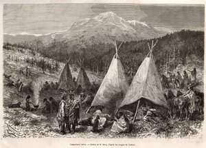 Um acampamento indiano, em território do Utah, nas margens do Riviere Verte. Gravura após o desenho de E.Riou, para ilustrar a história La conquete blanche, de William Hepworth Dixon, em 1875, publicada em "Le tour du monde" 1876, editada por Edouard Chart de Edouard Riou