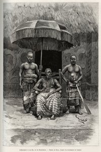Ardjoumani (falecido em 1892) e seus filhos, rei de Bondoukou (Costa do Marfim). Gravura de Riou, para ilustrar a história "From Niger to the Gulf of Guinee" do capitão Louis Gustave Binger (1856-1936), em 1887-1889, em Le tour du monde, nouveau journal de de Edouard Riou