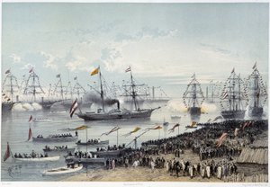 Chegada de Sua Majestade o Imperador da Áustria a Port Said em "Inauguração do Canal de Suez por G. Nicole". 1869