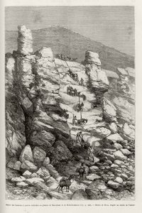 Aspecto das alturas com paredes verticais no planalto Dasoulami e Bobodioulasou (Golfo do Guinee), descrição das técnicas de engate dos montes do comboio de expedição. Gravura de Riou, para ilustrar a história "Do Níger ao Golfo do Gui de Edouard Riou