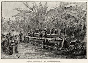 Mulheres Batak, grupo étnico do norte de Sumatra, a bater e a limpar arroz. Gravura de Riou para ilustrar a história "um ano na Malásia", de Jules Claine (1856-1939) de Edouard Riou