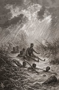 Dr. David Livingstone sendo levado por um pântano por carregadores durante sua expedição à África em 1872, ilustração de "O mundo nas mãos", gravada por Charles Laplante de Edouard Riou