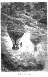 Desenho do livro de Jules Verne "Five weeks en Ballon" coleção Hetzel/Extraordinary Travels. O Balão Victoria encontra outro balão nas nuvens