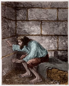 Edmond Dantes, conhecido como o Conde de Monte Cristo na sua prisão - Gravura de Riou, em "O Conde de Monte-Cristo" de Alexandre Dumas