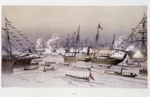 Entrada da Águia no Porto Dito para a inauguração do Canal do Suez - in "Through the Isthmus of Suez" de Riou, Marius Fontaine de Edouard Riou