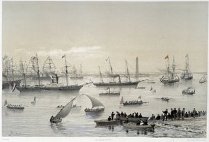 Entrada do Soberano no Canal do Suez no Porto Dito em "Inauguração do Canal do Suez por G. Nicole". 1869 de Edouard Riou