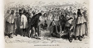 Lutadores, reúnem-se todos os domingos ao redor do cancha de gallos (circo de 30 pés de circunferência) para testemunhar a luta até a morte de animais, em Cuzco, desenhada por Riou, para ilustrar a viagem pela América do Sul, de 1848 a 1860 por Paul Marcoy de Edouard Riou