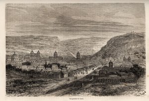 Vista geral de Cusco ou Cusco, antiga capital dos Incas, desenho de Riou, para ilustrar a viagem de Paul Marcoy pela América do Sul de 1848 a 1860. Gravura em "Le tour du monde", editado por Edouard Charton de Edouard Riou