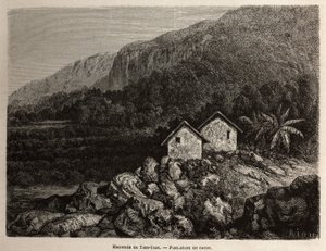 Hacienda de Tian Tian, Peru e plantação de cacau, desenho de Riou, para ilustrar a viagem de Paul Marcoy pela América do Sul de 1848 a 1860. Gravura em "Le tour du monde", editado por Edouard Charton de Edouard Riou