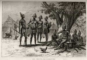 Em Lera (ou Dera, Níger), tipos de Mandes. Gravado por Riou, para ilustrar a história "From Niger to the Gulf of Guinee" do Capitão Louis Gustave Binger (1856-1936), em 1887-1889, em Le tour du monde, nouveau journal des voyages, sob a direcção de de Edouard Riou