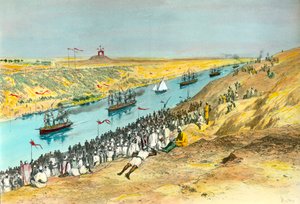 Inauguração do Canal de Suez O canal foi criado para ligar o Mar Vermelho ao Mar Mediterrâneo. Ilustração de Edouard Riou (1833-1900) 1869 Colecção privada de Edouard Riou