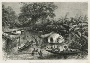 Aldeias Inondes, desenho de Riou, para ilustrar a história de uma viagem ao Gabão e ao rio Ogoue em 1875-1877, de Alfred Marche. Gravura em Le tour du monde de Edouard Riou