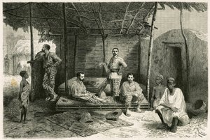 Instalação da missão em Nango, para uma estadia de 10 meses, com retratos de Gallieni e seus capitães Valliere e Pietri, Doutor Tautain, assim como seus intérpretes, guia e cantiniere. Gravura de Riou, baseada em um esboço do autor, para ilustrar de Edouard Riou