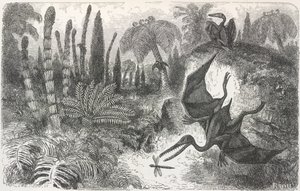 "Paisagem do período liásico". Ilustração representando um pterodáctilo de Edouard Riou