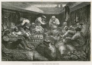 Perdida e esgotada pela fadiga, a tripulação da expedição é recolhida pelo navio de pesca russo, o Nicholas, e termina a viagem nos porões do navio, pilhas entre a carga de peixes e trófagos de caça (madeira de veado, pele de urso polar). Gravação após de Edouard Riou