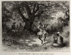 Conheça dois griots, o Capitão Binger, sentado à sombra, gosta do espectáculo. Gravado por Riou, para ilustrar a história "From Niger to the Gulf of Guinee" do Capitão Louis Gustave Binger (1856-1936), em 1887-1889, no Le tour du monde, nouveau journal des de Edouard Riou