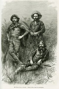 Membros da expedição: Sr. Thouar (alongamento), Sr. Novis (em pé à esquerda) e Sr. Valverde (em pé à direita). Gravado por Riou, para ilustrar a história Voyage dans le Chaco Boreal de Edouard Riou