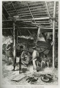 Ataque matinal na cabana do explorador por índios das margens da Amazônia. Gravado por Riou, para ilustrar a história de Cayenne aux Andes, por Jules Crevaux, médico da marinha francesa, em 1878-1879, publicado no Tour du monde, sob a direção de de Edouard Riou